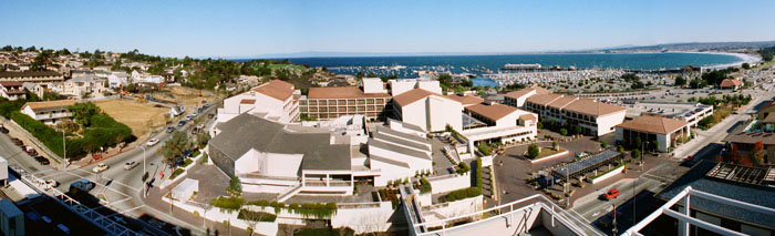 Monterey Bay 1985 Looking down on the Monterey Conference Center and the Double Tree Hotel by Pat Hathaway ©1985 Accession # 2003-001-0001