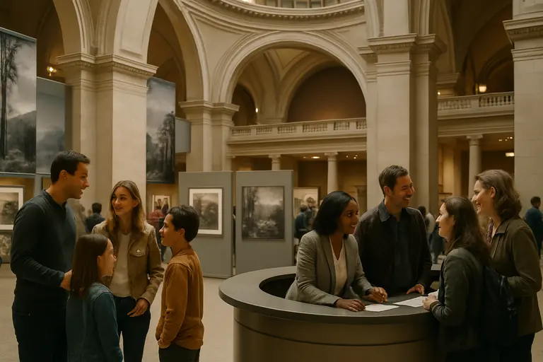 Gallery entrance area with framed photographs visible inside